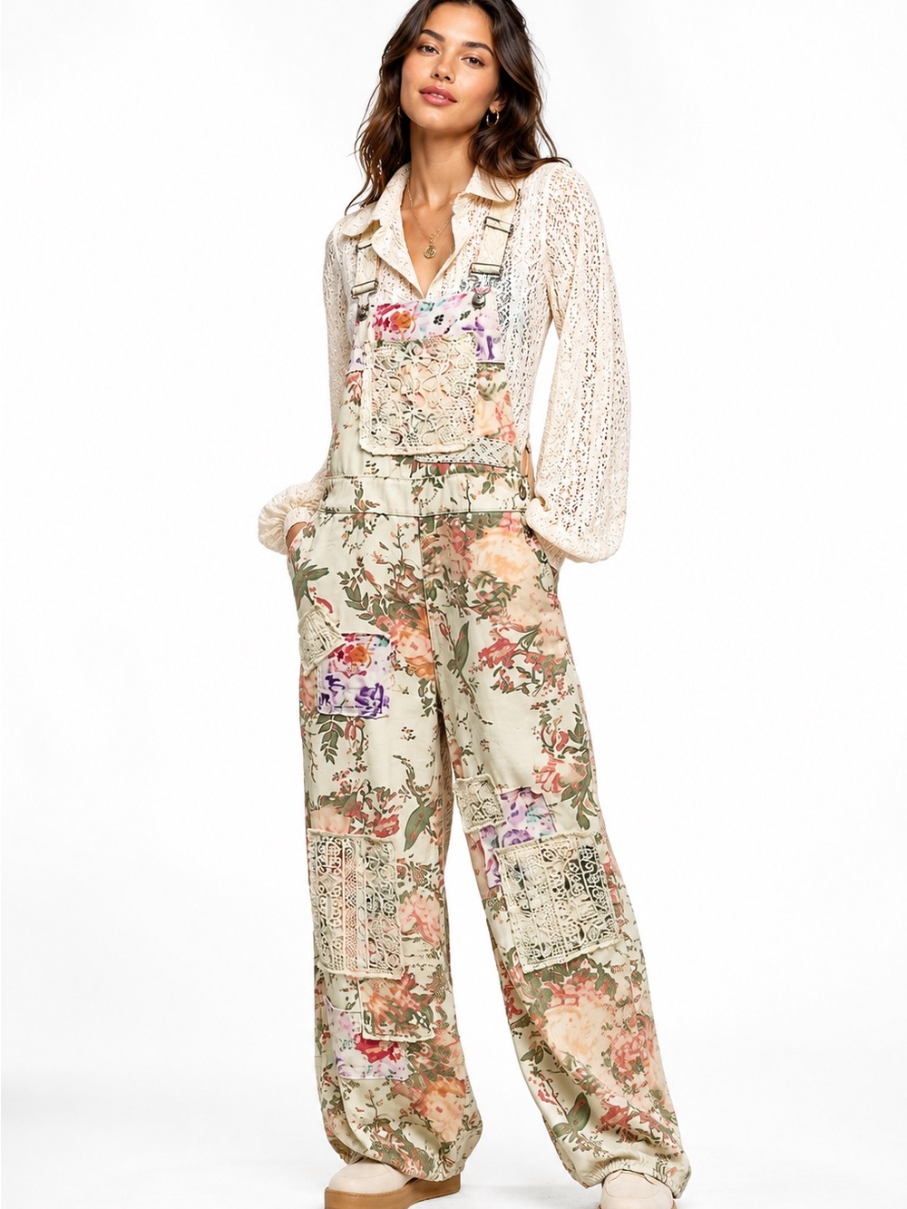 POL Cream Floral Lace-Patch Overalls